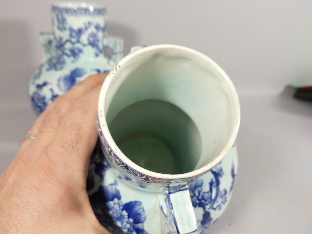 Pair Of Blue Hortensia Earthenware Vases In Asian Style, Late 19th Century-photo-3