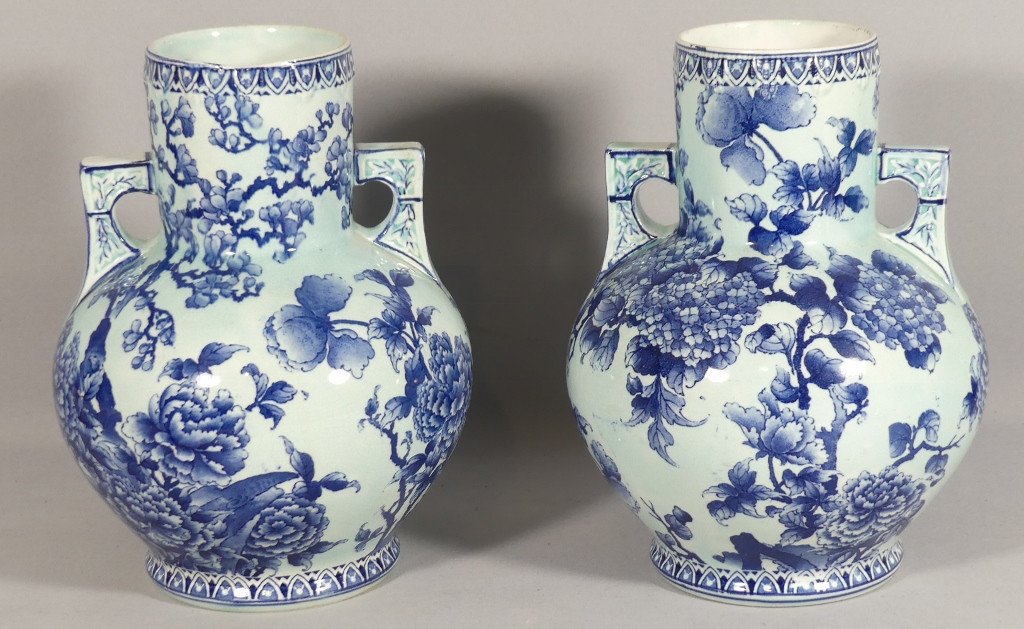 Pair Of Blue Hortensia Earthenware Vases In Asian Style, Late 19th Century