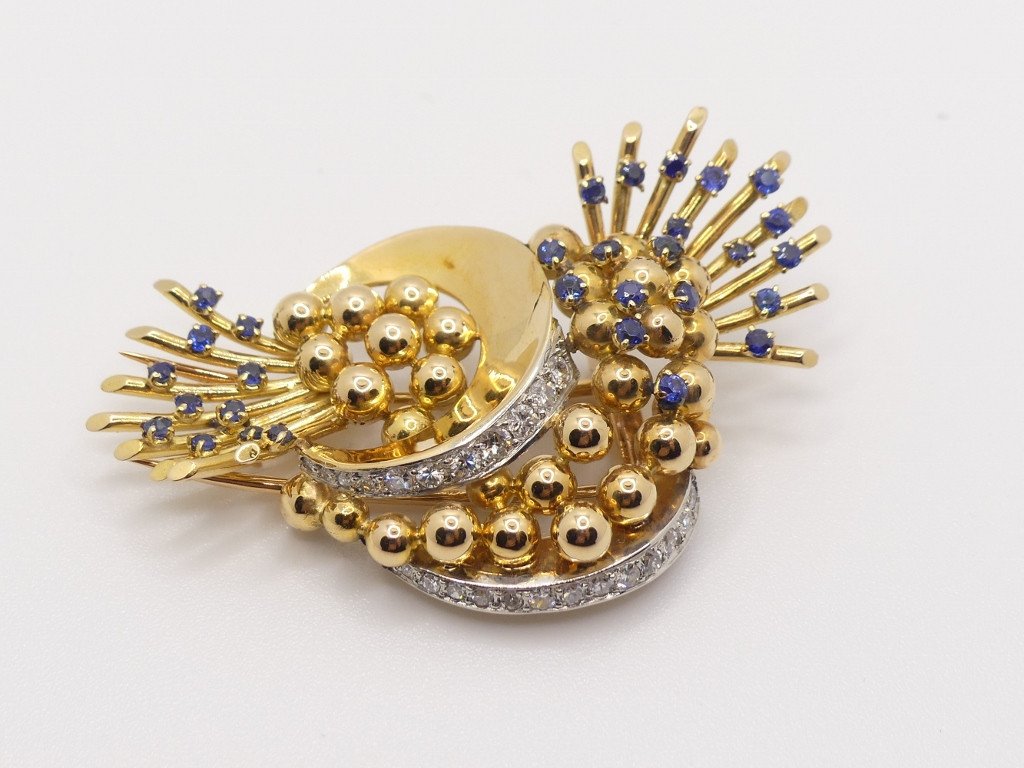 Gold And Platinum Brooch, Sapphires And Diamonds, Free Form, 1940-1950 Period