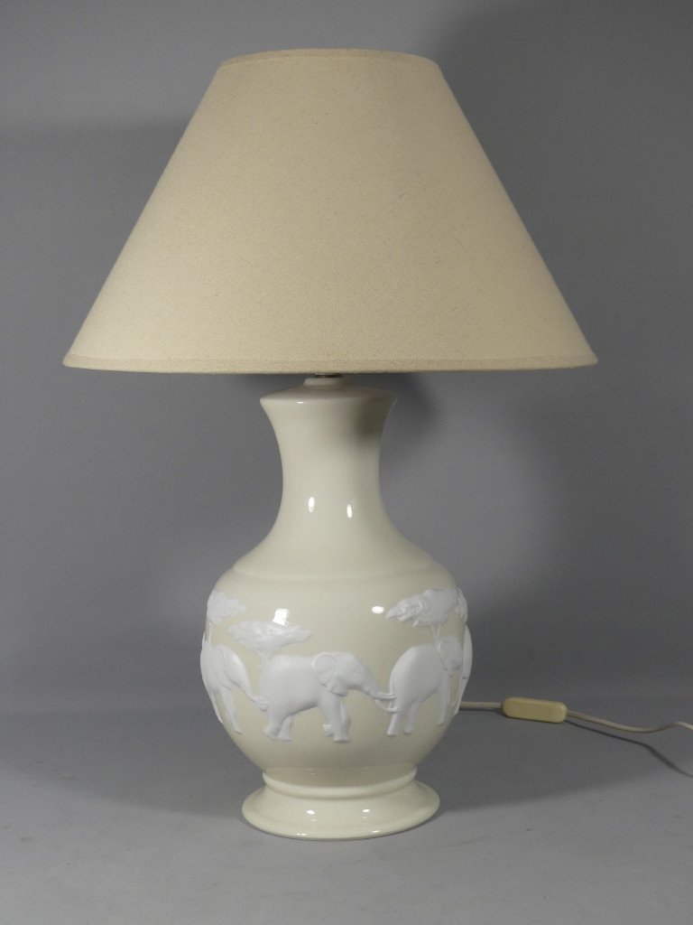 Raynaud Limoges Kenya Elephant Lamp In Light Yellow And Biscuit Porcelain-photo-2