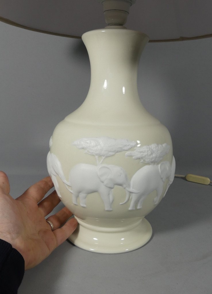 Raynaud Limoges Kenya Elephant Lamp In Light Yellow And Biscuit Porcelain-photo-5