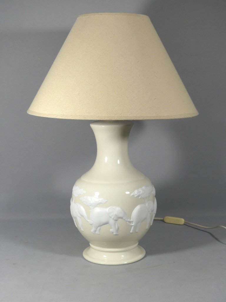 Raynaud Limoges Kenya Elephant Lamp In Light Yellow And Biscuit Porcelain