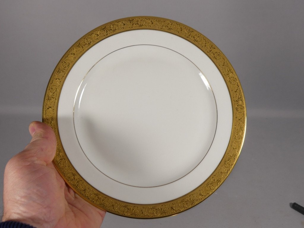 Bernardaud Villiers, 6 Gold Inlaid Dessert Plates Limoges Porcelain-photo-2