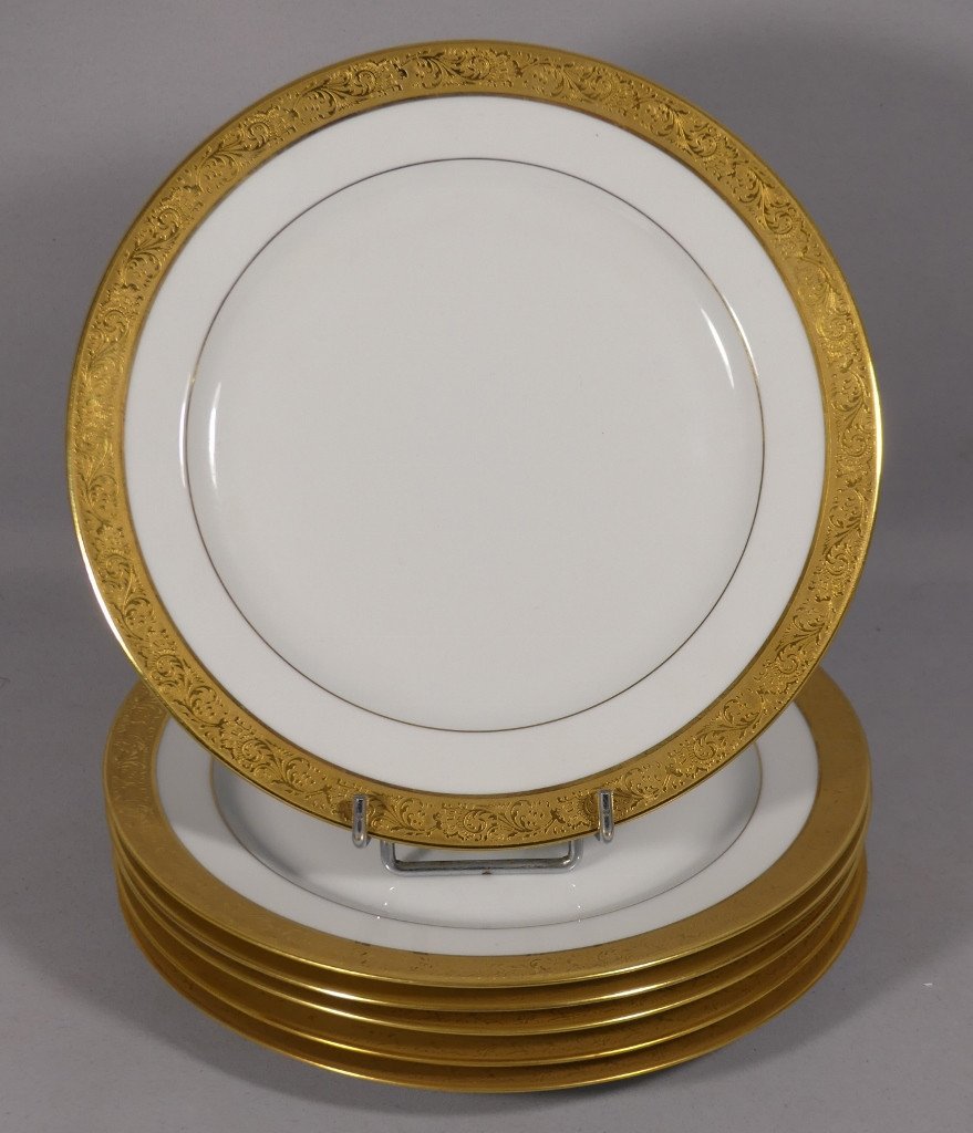 Bernardaud Villiers, 6 Gold Inlaid Dessert Plates Limoges Porcelain