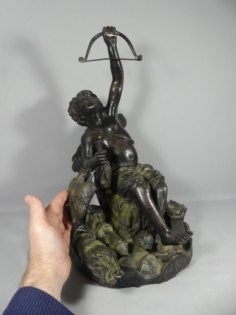 Bronze Group With Angel With Bow And Birds, Early 20th Century-photo-1