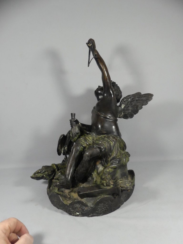 Bronze Group With Angel With Bow And Birds, Early 20th Century-photo-6