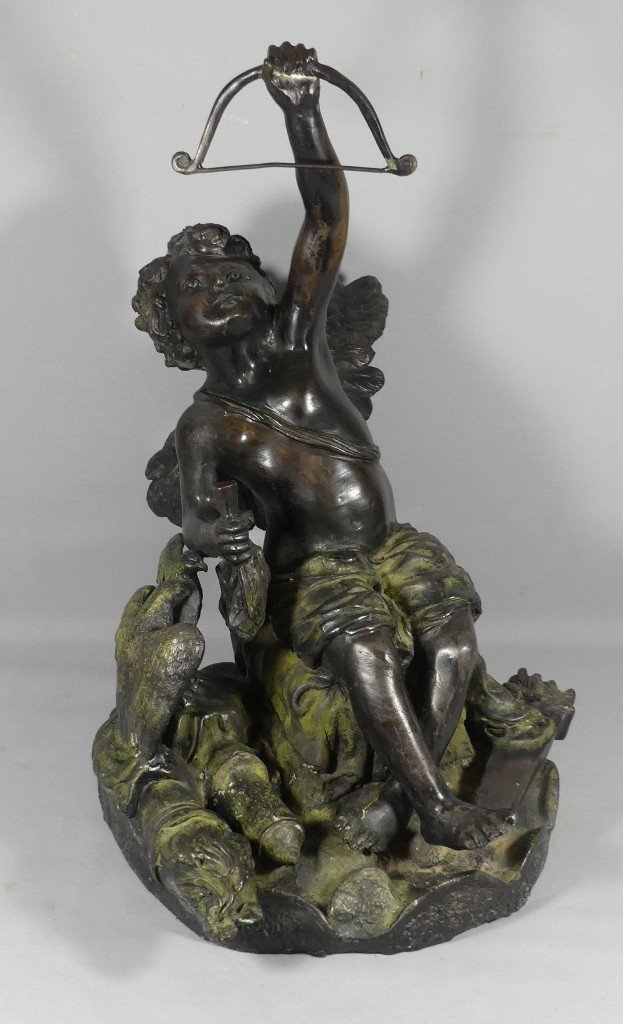 Groupe En Bronze à l'Angelot à l'Arc Et Oiseaux, époque Début XX ème