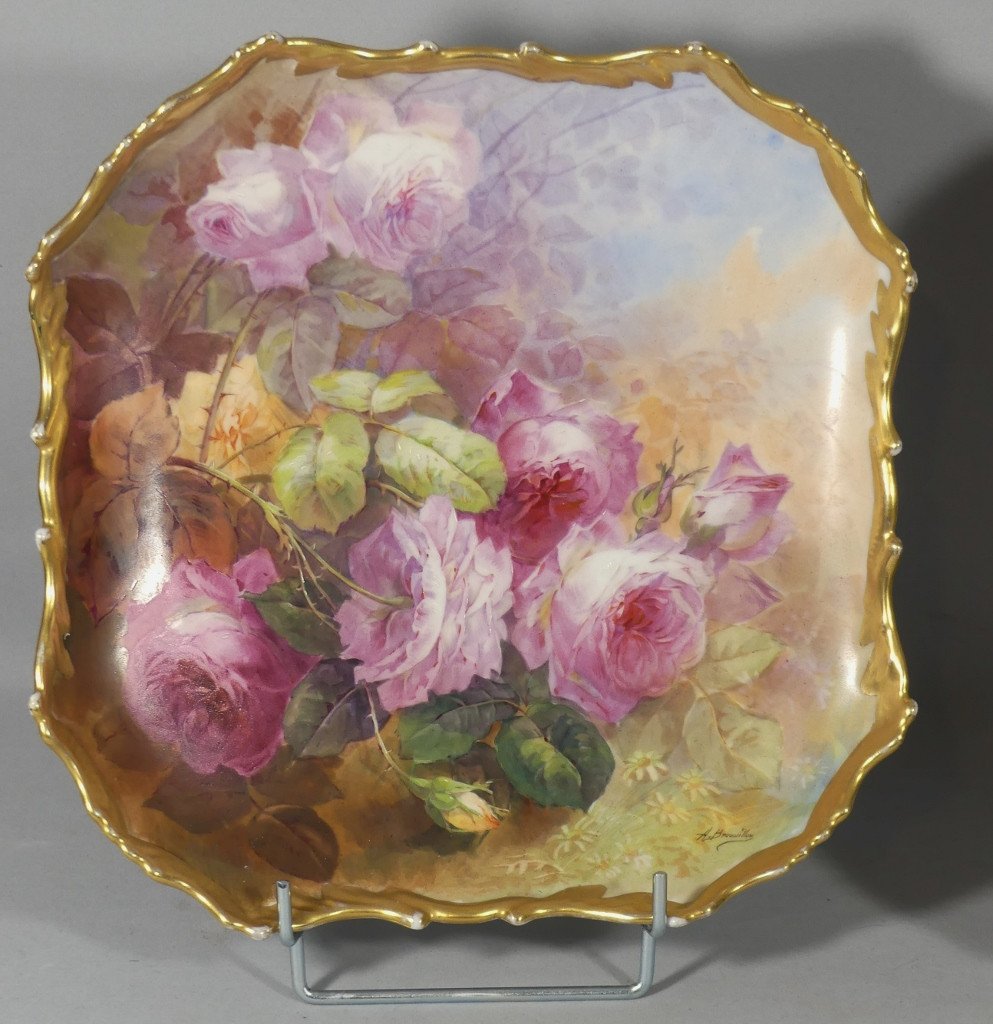 Alfred Broussillon, Pair Of Large Limoges Porcelain Rose Dishes Paintings Circa 1900-photo-2