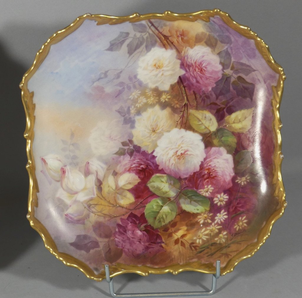 Alfred Broussillon, Pair Of Large Limoges Porcelain Rose Dishes Paintings Circa 1900-photo-3