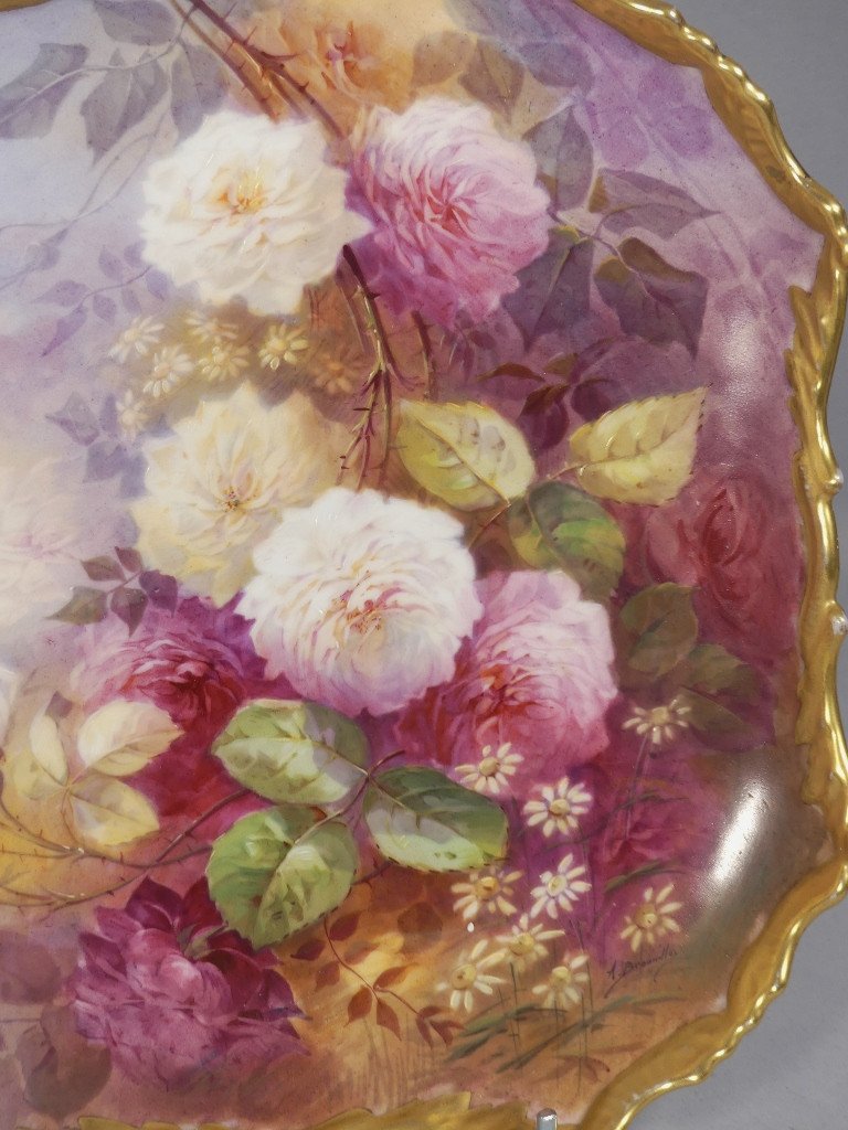 Alfred Broussillon, Pair Of Large Limoges Porcelain Rose Dishes Paintings Circa 1900-photo-4