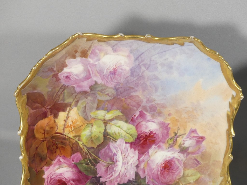 Alfred Broussillon, Pair Of Large Limoges Porcelain Rose Dishes Paintings Circa 1900-photo-5