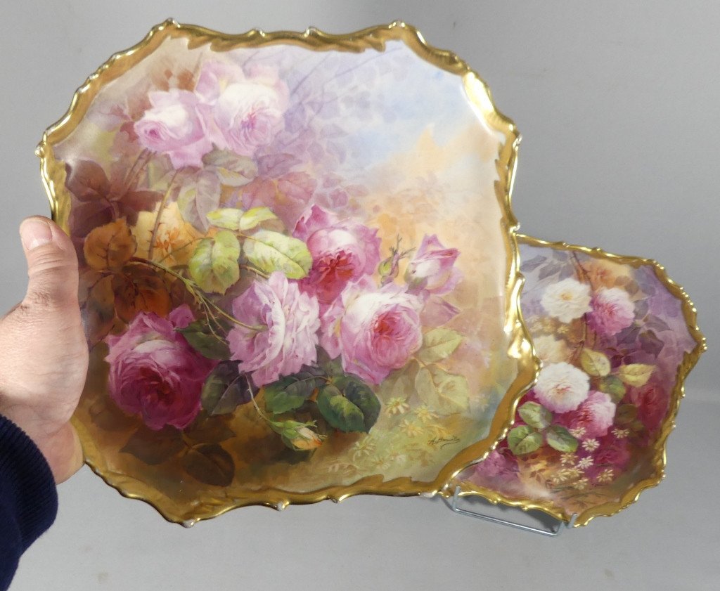 Alfred Broussillon, Pair Of Large Limoges Porcelain Rose Dishes Paintings Circa 1900-photo-6