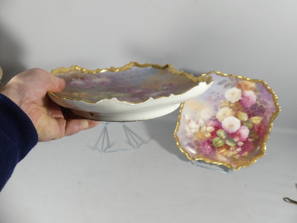 Alfred Broussillon, Pair Of Large Limoges Porcelain Rose Dishes Paintings Circa 1900-photo-7