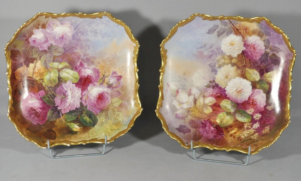 Alfred Broussillon, Pair Of Large Limoges Porcelain Rose Dishes Paintings Circa 1900