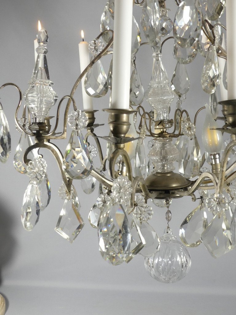 Silver-plated Bronze, Cage Chandelier With Crystal Tassels, Baccarat, Early 20th Century -photo-2