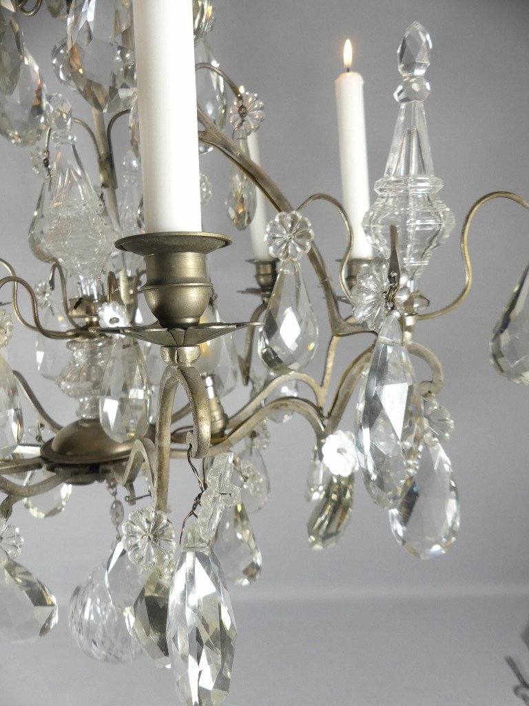 Silver-plated Bronze, Cage Chandelier With Crystal Tassels, Baccarat, Early 20th Century -photo-3