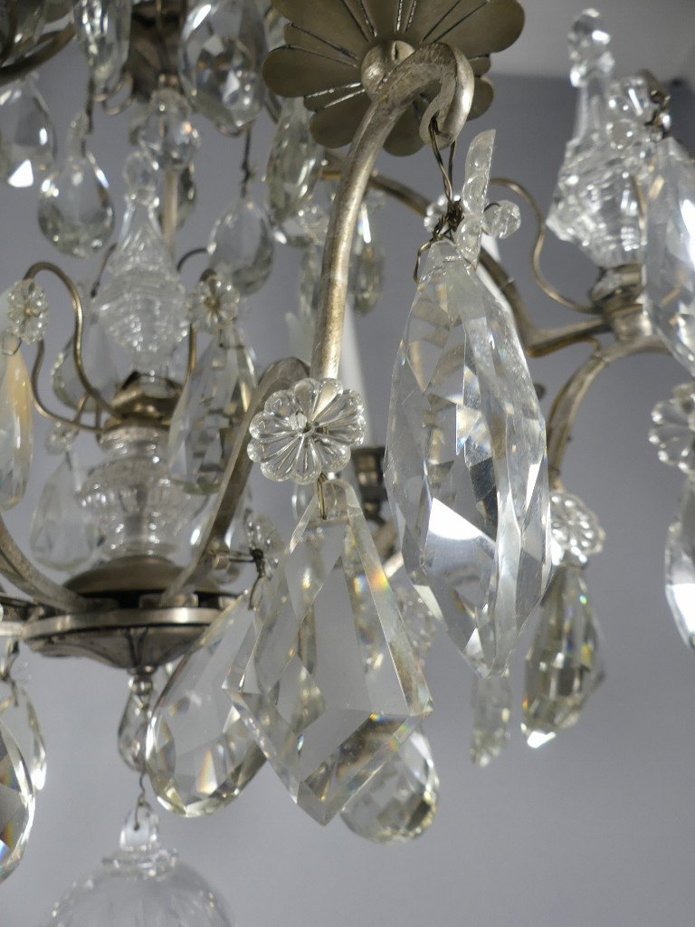 Silver-plated Bronze, Cage Chandelier With Crystal Tassels, Baccarat, Early 20th Century -photo-7