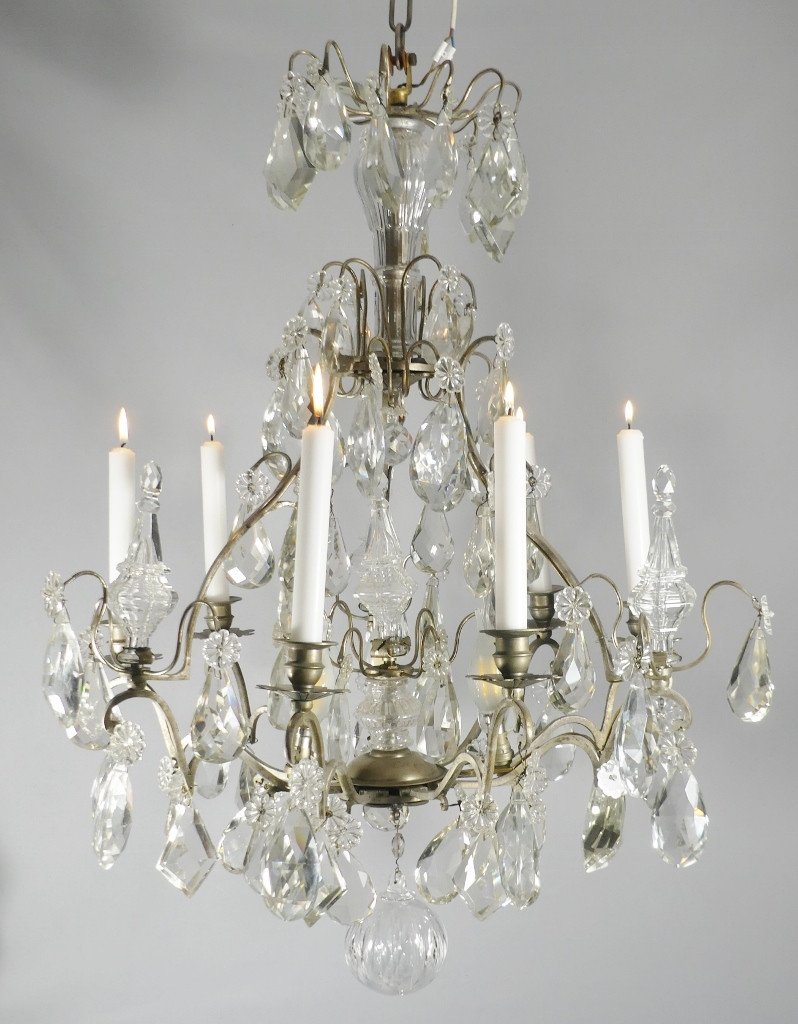 Bronze Argenté, Lustre Cage à Pampilles De Cristal, Baccarat, Début XX ème 