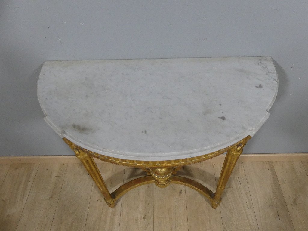 Console Demi Lune Louis XVI En Bois Doré Et Marbre Blanc, époque Début XX ème-photo-6