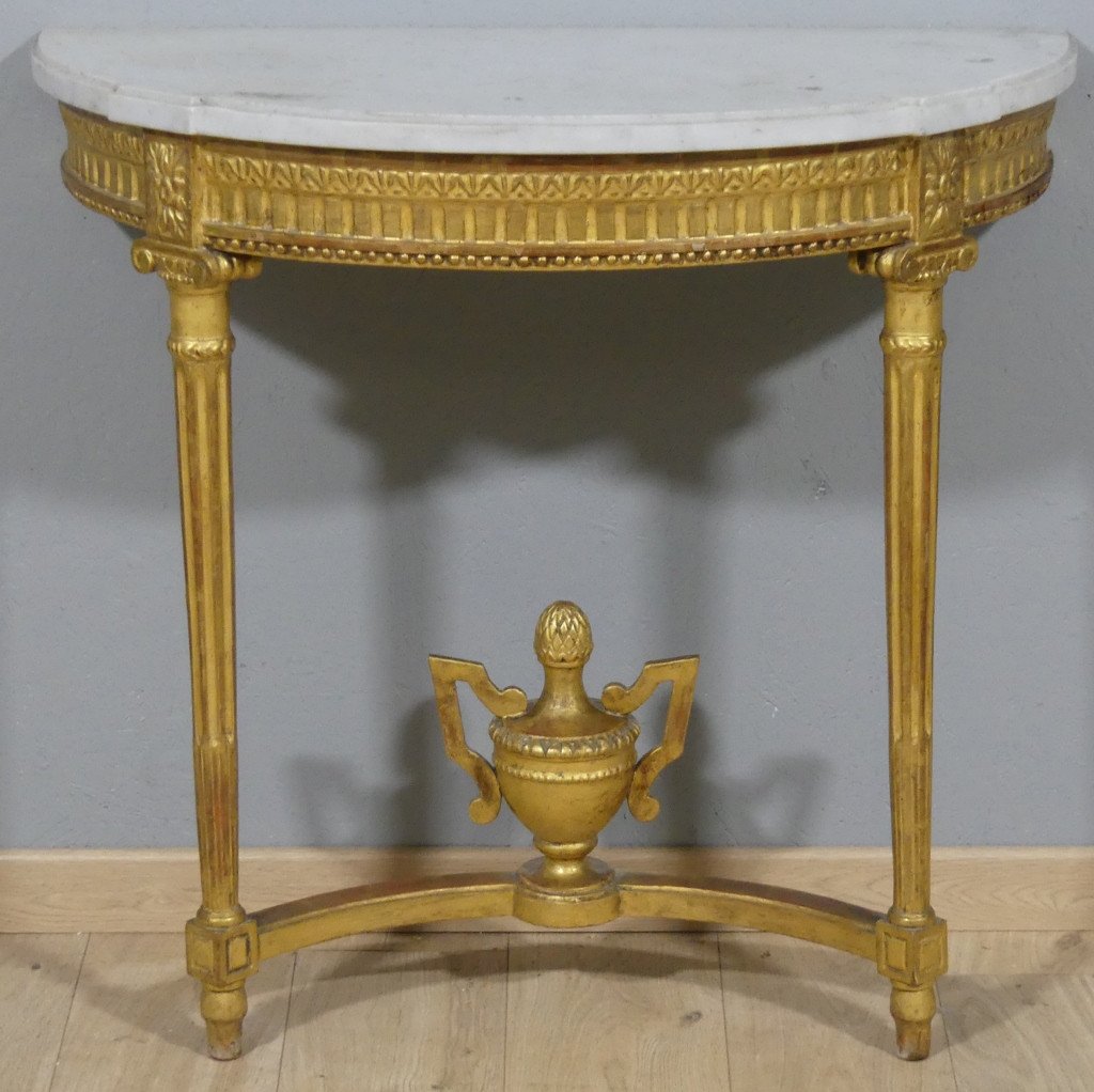 Console Demi Lune Louis XVI En Bois Doré Et Marbre Blanc, époque Début XX ème