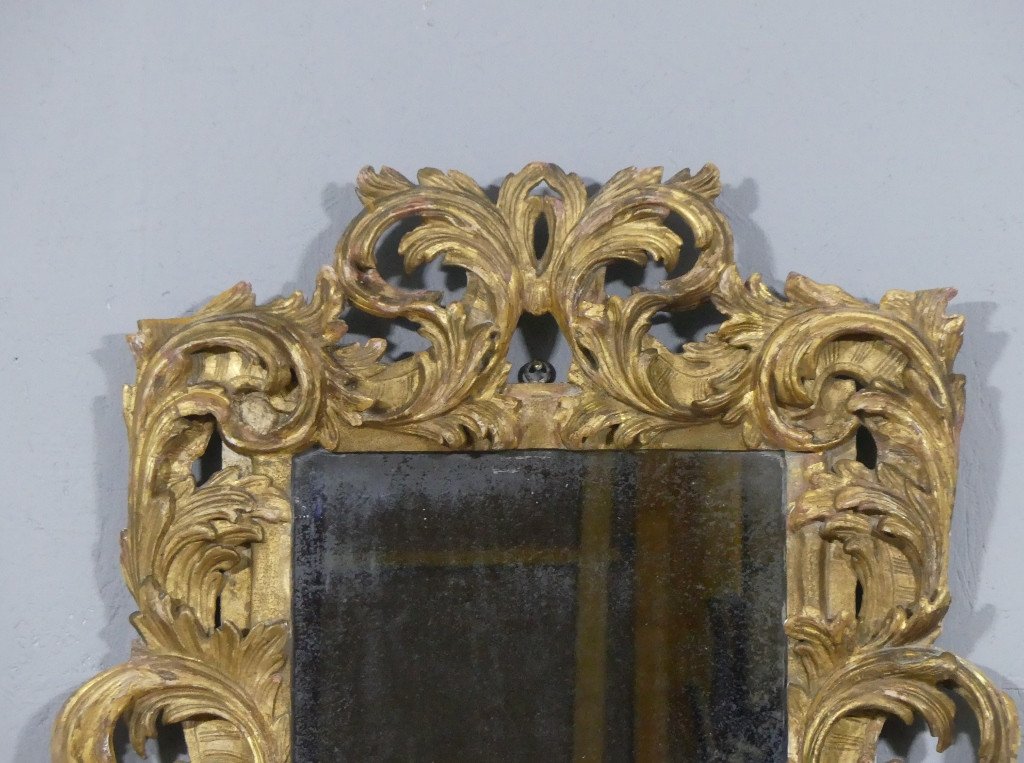 Italian Mirror In Gilded Carved Wood, Mercury Glass, 18th Century Period-photo-2