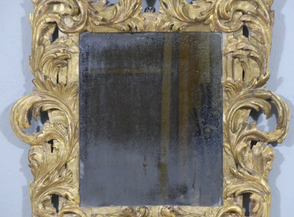 Italian Mirror In Gilded Carved Wood, Mercury Glass, 18th Century Period-photo-3