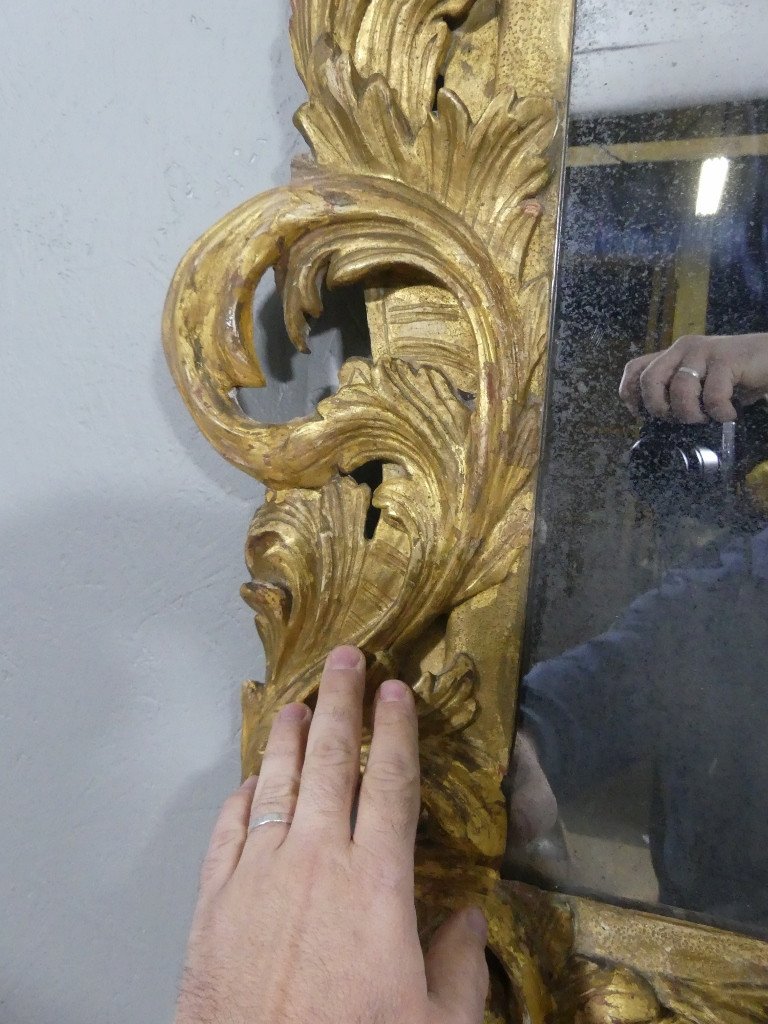 Italian Mirror In Gilded Carved Wood, Mercury Glass, 18th Century Period-photo-3