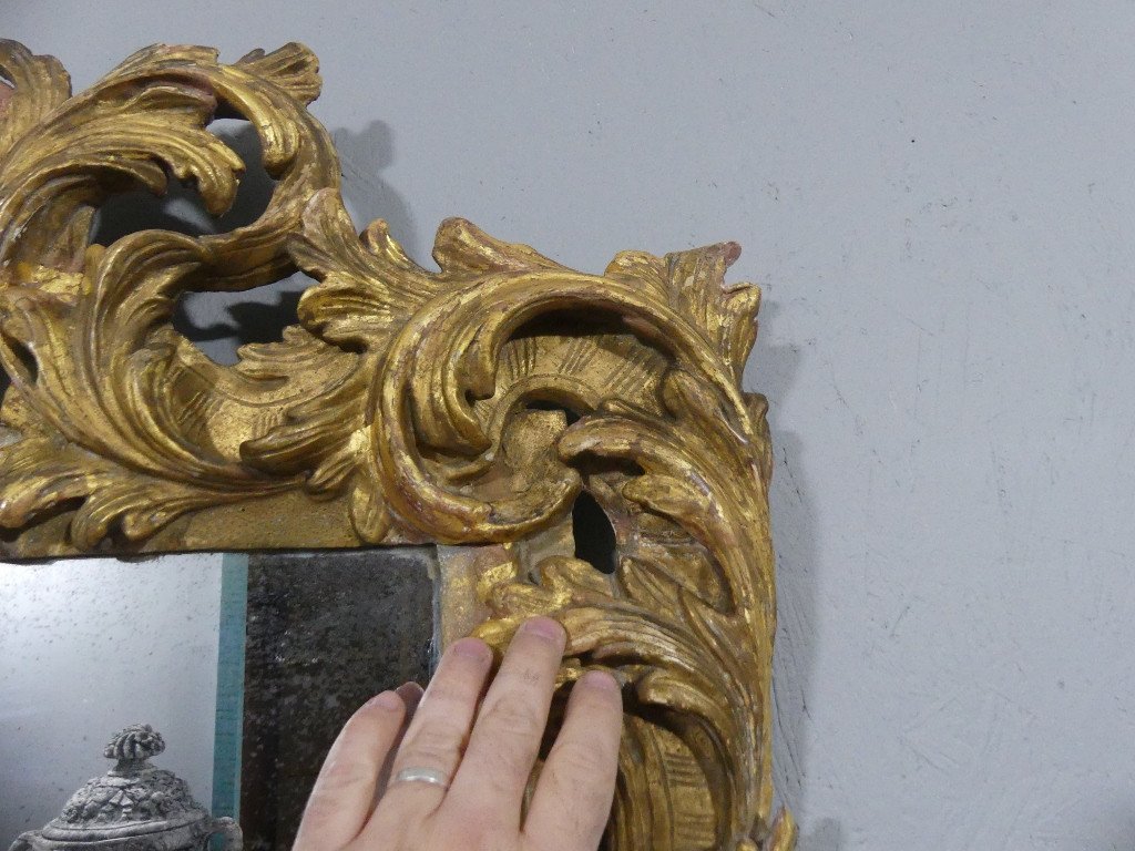 Italian Mirror In Gilded Carved Wood, Mercury Glass, 18th Century Period-photo-4