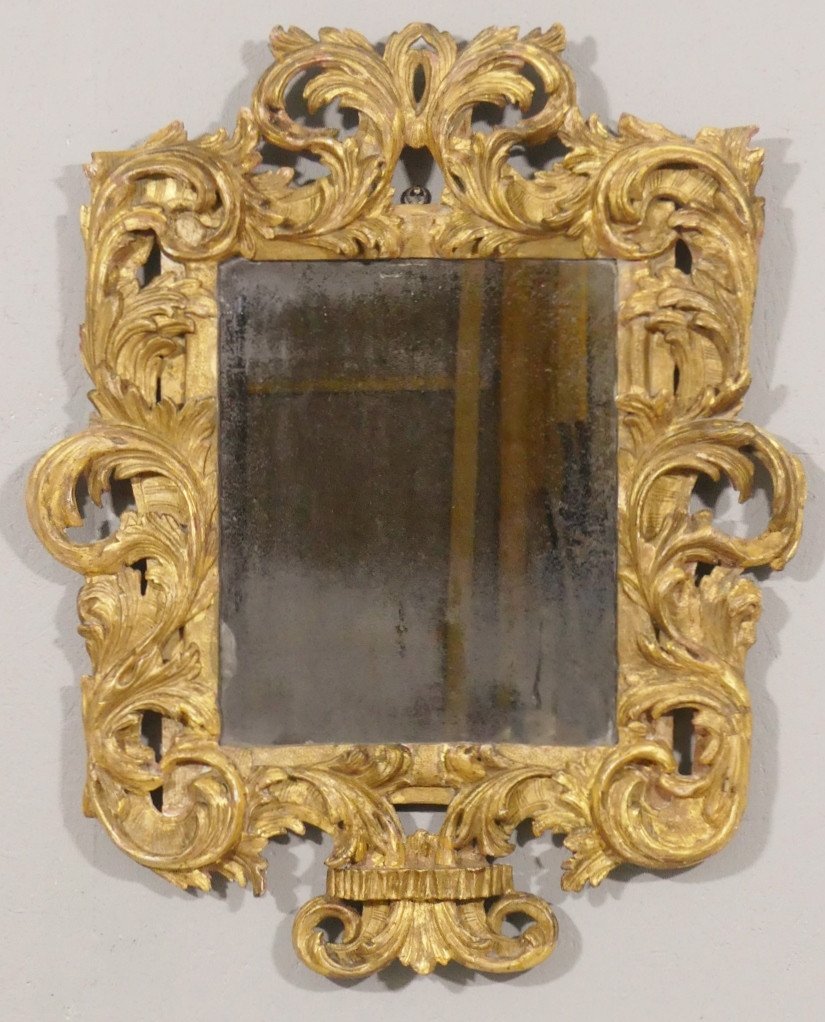 Italian Mirror In Gilded Carved Wood, Mercury Glass, 18th Century Period