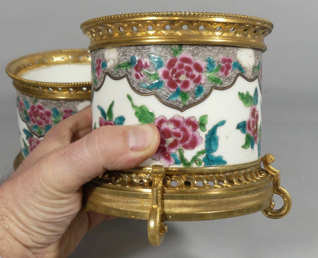 Pair Of Porcelain And Bronze Planters In Asian Style, 19th Century-photo-2