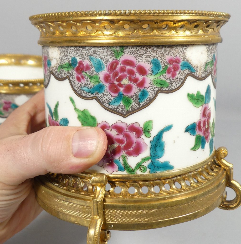 Pair Of Porcelain And Bronze Planters In Asian Style, 19th Century-photo-4