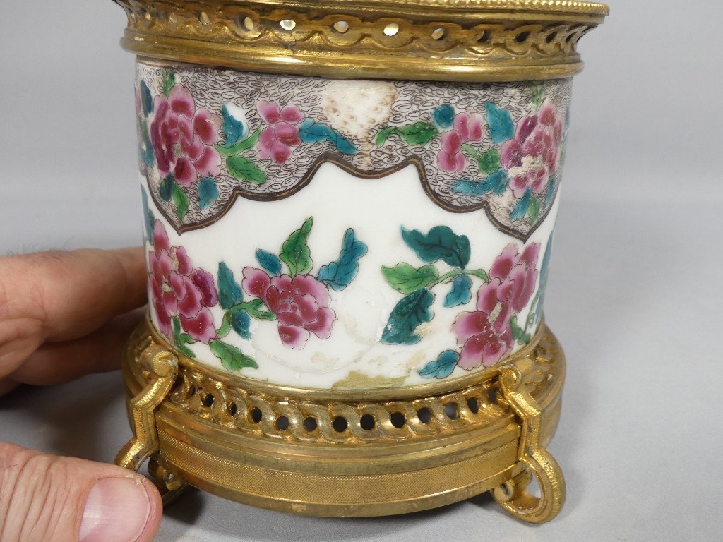 Pair Of Porcelain And Bronze Planters In Asian Style, 19th Century-photo-3