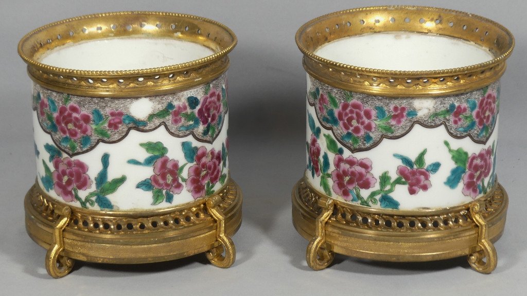 Pair Of Porcelain And Bronze Planters In Asian Style, 19th Century