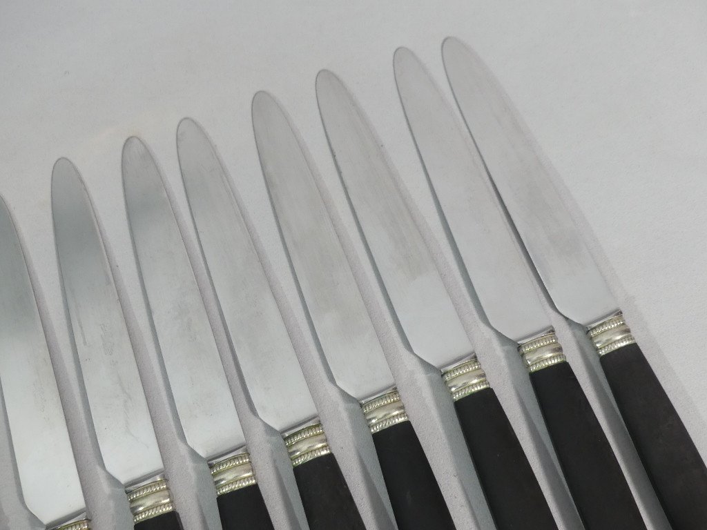 Set Of 12 Large Empire Style Ebony And Stainless Steel Table Knives, Circa 1950-photo-3