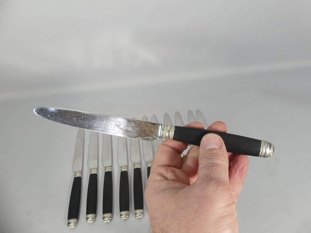 Set Of 12 Large Empire Style Ebony And Stainless Steel Table Knives, Circa 1950-photo-4