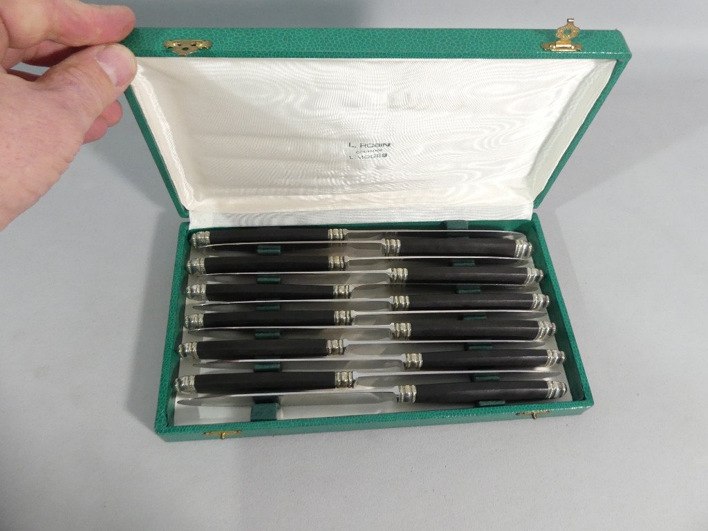 Set Of 12 Large Empire Style Ebony And Stainless Steel Table Knives, Circa 1950-photo-4