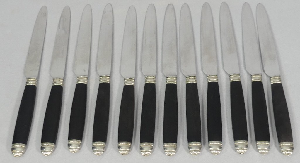 Set Of 12 Large Empire Style Ebony And Stainless Steel Table Knives, Circa 1950