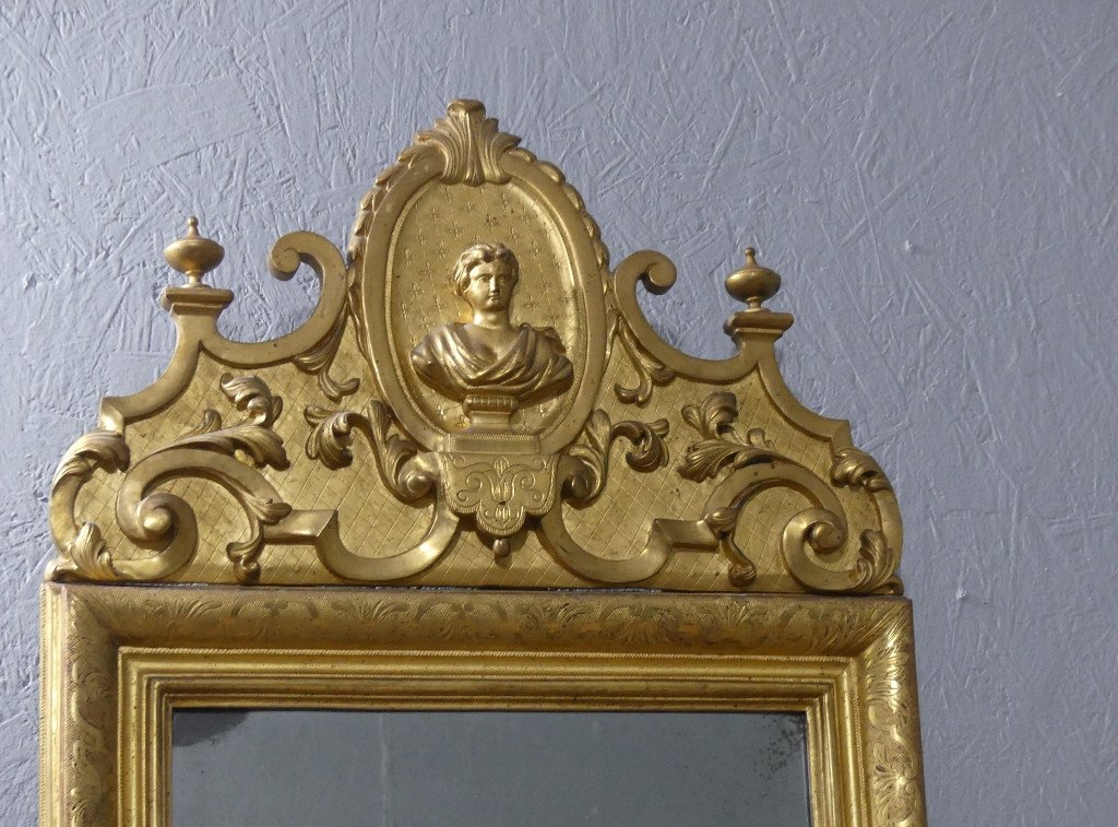 Louis XIV Period Mirror In Gilded Wood, Bérain Decor And Antique Bust Pediment, Early 18th Century-photo-2