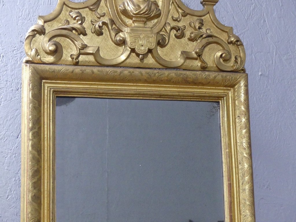 Louis XIV Period Mirror In Gilded Wood, Bérain Decor And Antique Bust Pediment, Early 18th Century-photo-3