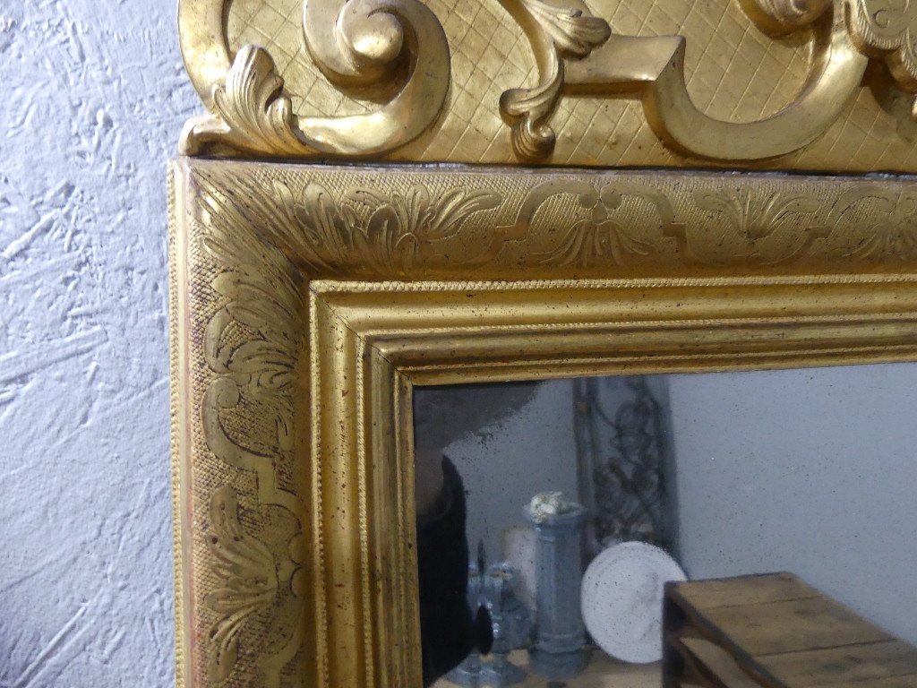 Louis XIV Period Mirror In Gilded Wood, Bérain Decor And Antique Bust Pediment, Early 18th Century-photo-2