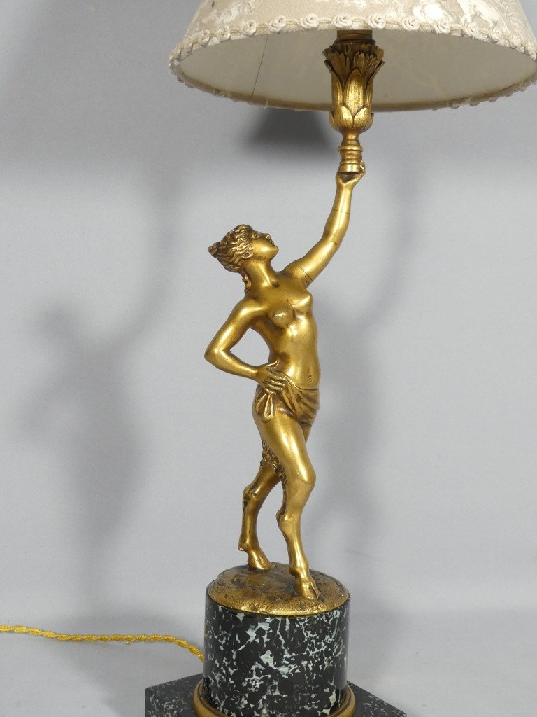 Louis Kley, Lampe à La Faunesse En Bronze Doré Socle Marbre, Fondeur Soleau, XIX ème-photo-3