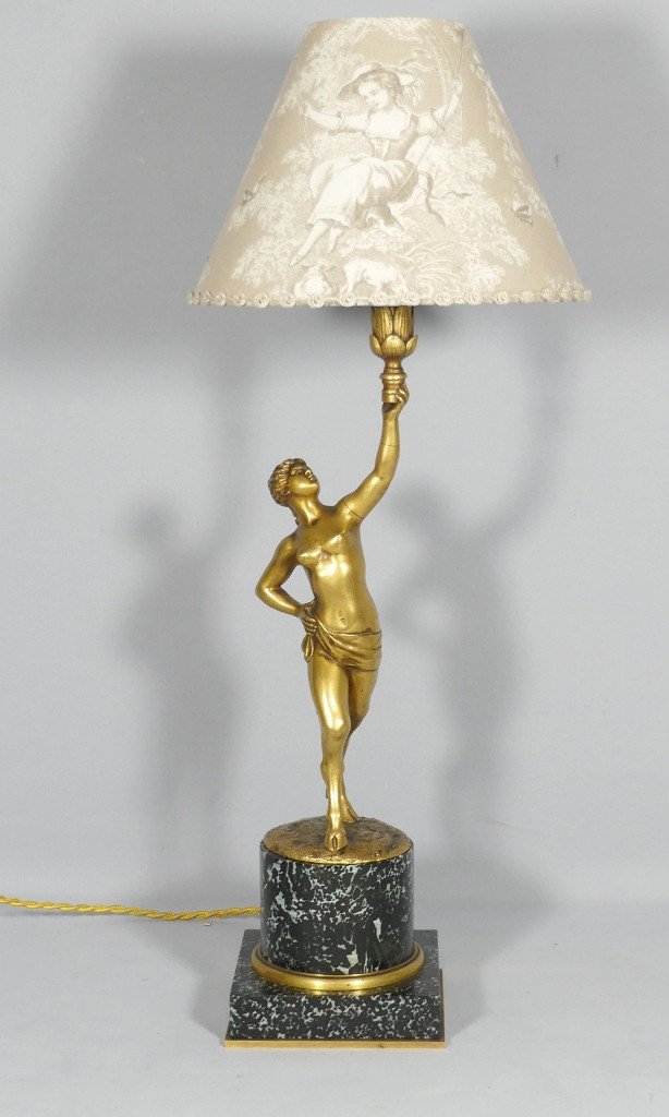 Louis Kley, Lampe à La Faunesse En Bronze Doré Socle Marbre, Fondeur Soleau, XIX ème