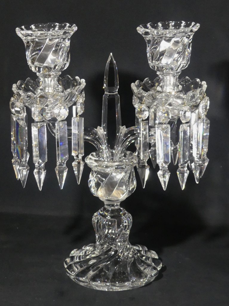 Baccarat Bambou Tors, Paire De Chandeliers Girandoles En Cristal, époque Milieu XX ème-photo-2