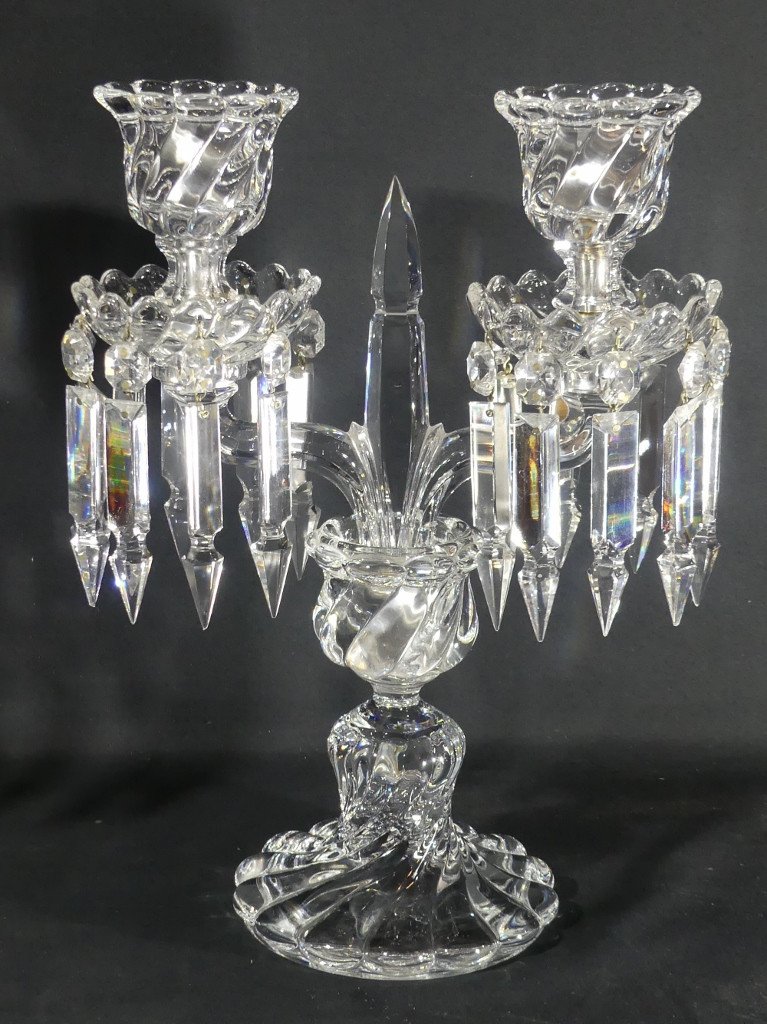 Baccarat Bambou Tors, Paire De Chandeliers Girandoles En Cristal, époque Milieu XX ème-photo-3