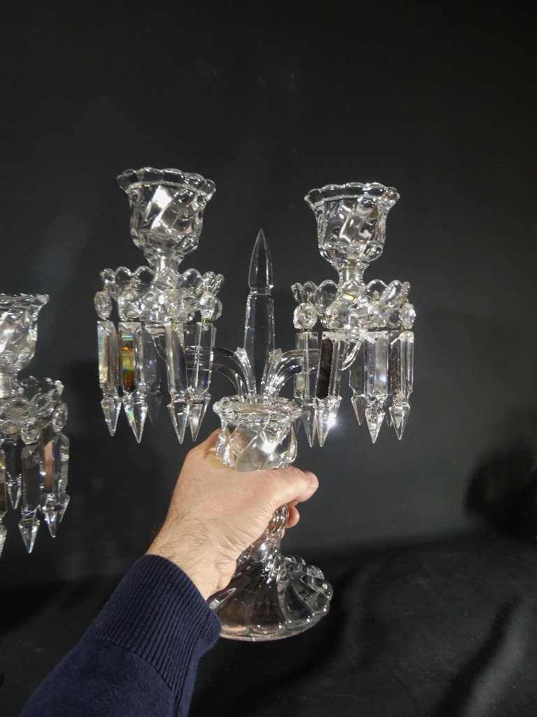 Baccarat Bambou Tors, Paire De Chandeliers Girandoles En Cristal, époque Milieu XX ème-photo-1