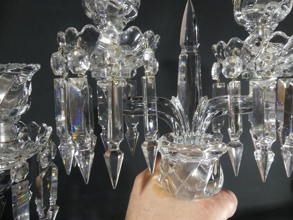 Baccarat Bambou Tors, Paire De Chandeliers Girandoles En Cristal, époque Milieu XX ème-photo-2