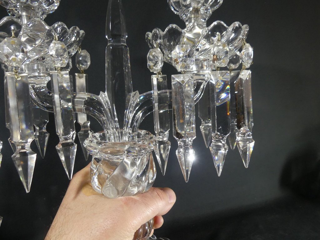 Baccarat Bambou Tors, Paire De Chandeliers Girandoles En Cristal, époque Milieu XX ème-photo-4