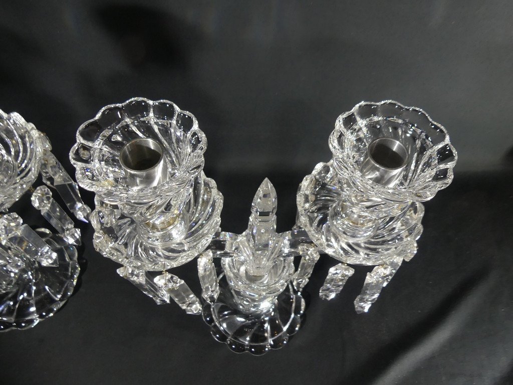 Baccarat Bambou Tors, Paire De Chandeliers Girandoles En Cristal, époque Milieu XX ème-photo-7