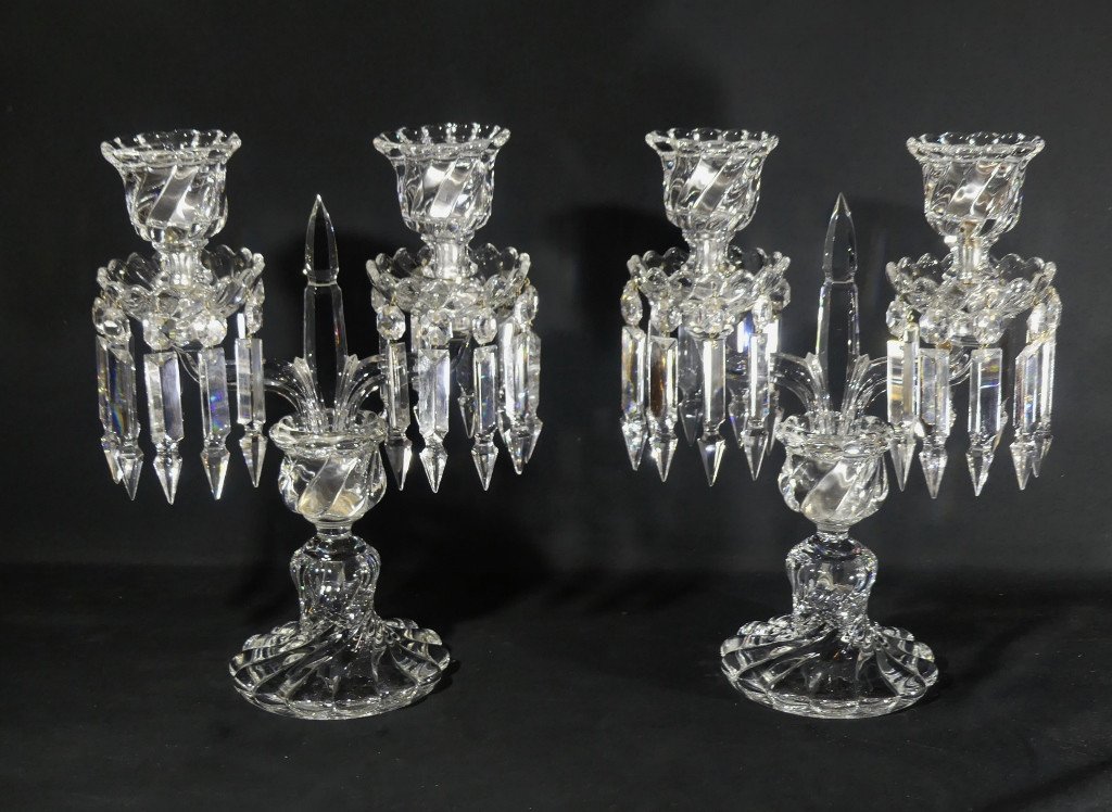 Baccarat Bambou Tors, Paire De Chandeliers Girandoles En Cristal, époque Milieu XX ème