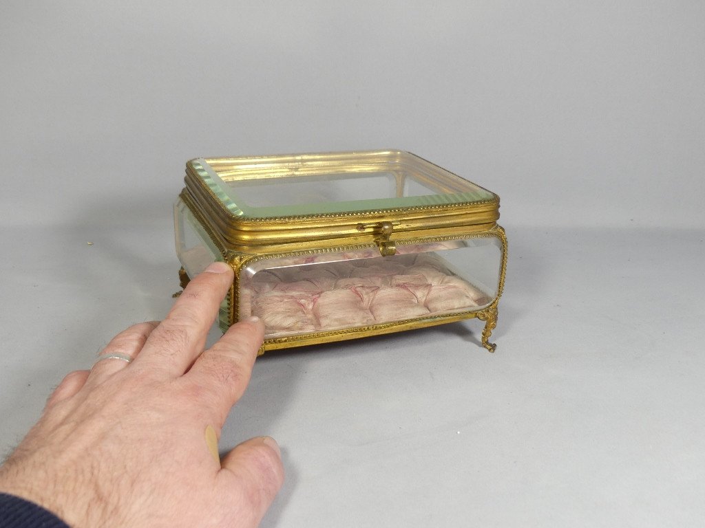 Grand Coffret à Bijoux Napoléon III En Laiton Et Verre Biseauté, époque XIX ème-photo-3